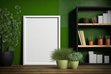 Interior wooden frame mockup on shelf behind the green wall. Generative AI