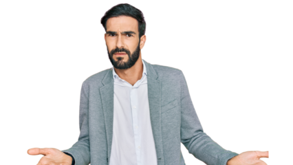 Young hispanic man wearing business clothes clueless and confused with open arms, no idea concept.