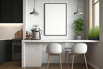 Close up of a modern kitchen interior with a small table, two white chairs, marble countertops and a framed vertical poster on a wall. , mock up. Generative AI