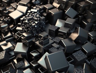 Futuristic cubes dark black background Abstract geometric mosaic grid Square tiles pattern Generative AI technology