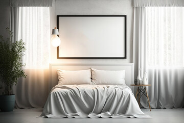 Horizontal poster frame mockup above the bed on concrete wall in bedroom. Soft morning light through the curtain. illustration. Generative AI