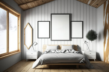 Bedroom interior with a poster gallery hanging on a wooden wall decoration element and white wall at the foreground. , mock up, toned image. Generative AI