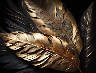 Flat lay bird feathers rose gold sequins and rhinestones black wood texture holographic high detail top view created with Generative AI technology