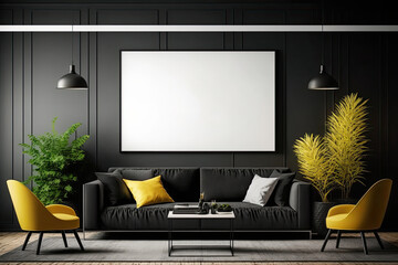 Black living room interior with a large horizontal poster on the wall. There is a yellow couch in a center of the room. mock up toned image. Generative AI