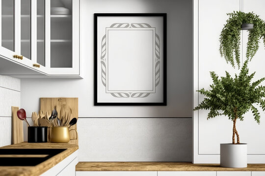 Square frame mockup in a kitchen with decoration and ornamental plant. illustration, interior design,. Generative AI