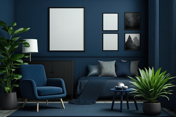 Single color monochrome dark blue color interior room with furnitures and plants, five picture frames on the wall, , poster frame mockup scene. Generative AI
