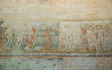 Adam and Eve story in paradise and their expulsion depicted on the fresco at Cahors Cathedral (site on Routes of Santiago de Compostela).  Cahors, France