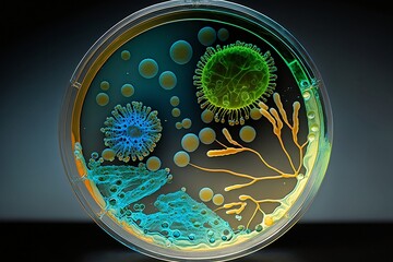 Petri dish with green and blue abstract bacteria and viruses, generative, AI
