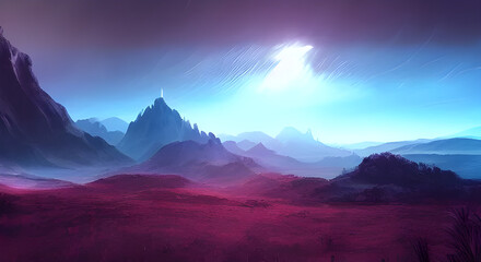 Naklejka na ściany i meble Fantasy landscape with surreal mountains, Generative AI