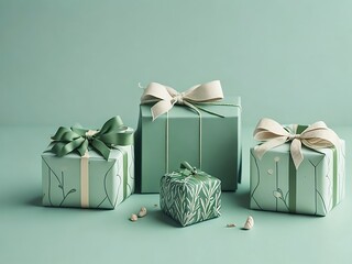 Greeting card with olive color gift boxes, women's day, holiday card for March 8, mother's day, valentine, generative ai	