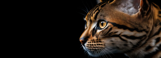 Bengal exotic cat brown spotted domesticated leopard like image of a pet house cat. The pet has expressive large healthy eyes. Image was created with generative ai.