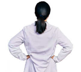 Young chinese woman wearing doctor uniform and stethoscope standing backwards looking away with arms on body
