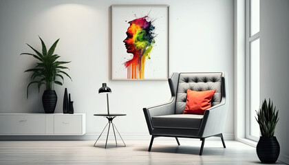 nterior of a bright living room with armchair on empty white wall background