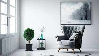nterior of a bright living room with armchair on empty white wall background