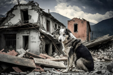 Alone Pet dog after Earthquake in background rubble of house after natural disaster. Generative AI