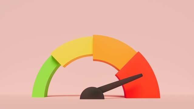 graphical representation of performance levels, speed, degrees of satisfaction or caution, red level, 3d illustration, horizontal