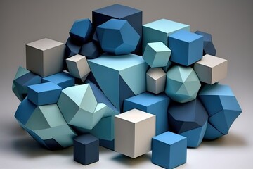 Sculpture with a series of blue cubes in a geometric pattern created with generative AI technology