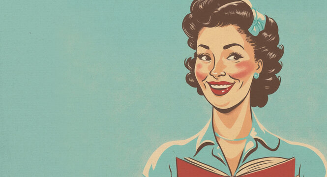Paper textured vintage style illustration showing happy young woman reading a book. Copy space for text. Made with generative AI.