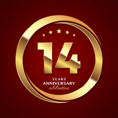 14th Anniversary logo design with shiny gold ring style. Logo Vector Template Illustration