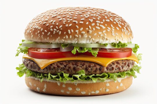 Burger isolated on white background.  Illustration AI Generative