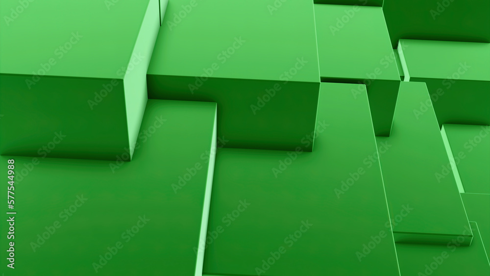 Poster green and gray background. design. spreading squares on the floor creating patterns from lines in 3d