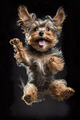 A very happy Yorkie dog jumping in the air . Created using generative AI tools