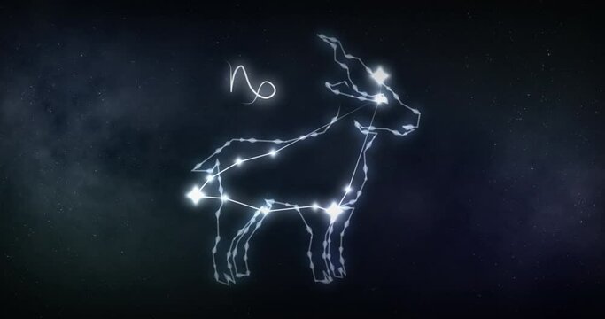 Animation of capricorn sign with stars on black background