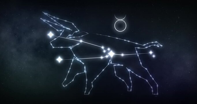 Animation of taurus sign with stars on black background