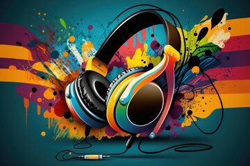 Headphones on Style Colorful Pop Art Background for Music Lovers, Generative AI