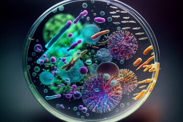 3d rendered design of microbes and viruses on a petri dish, generative, AI