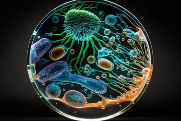 3D design of a petri dish with abstract bacteria and viruses, generative, AI