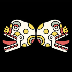 Symmetrical ethnic design with two stylized human skulls with stick out tongues. Ancient Mexican codex design of Aztec Indians. Miquiztli. Dia de los Muertos symbol. Merry dead head.