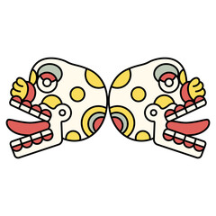 Symmetrical ethnic design with two stylized human skulls with stick out tongues. Ancient Mexican codex design of Aztec Indians. Miquiztli. Dia de los Muertos symbol. Merry dead head.