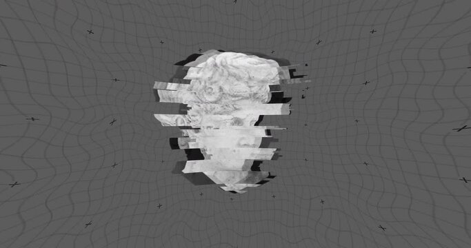 Animation of interference over head sculpture on grey background