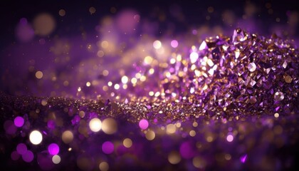 Glittering piles of purple sparkles and bokeh blur. Generative AI