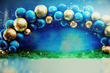decoração de futebol arco com balões trave de futebol, fundo fotografico para fotos de aniversário 