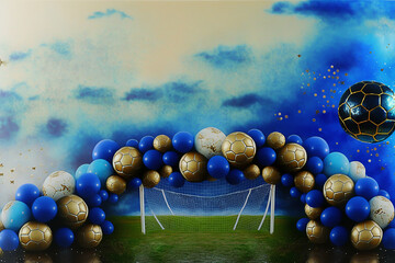 decoração de futebol arco com balões trave de futebol, fundo fotografico para fotos de aniversário 