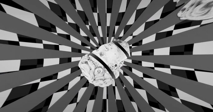 Animation of head sculpture over stripes on checkered background