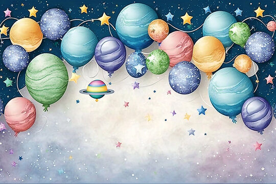 decoração de festa infantil com planetas sistema solar,  fundo fotografico astronauta fofo 