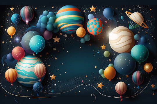 decoração de festa infantil com planetas sistema solar,  fundo fotografico astronauta fofo 