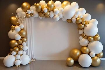 Fototapeta na wymiar decoração arco de balões para festa de aniversário branco com dourado, fundo fotografico para fotos comemoração aniversário 