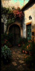 Fototapeta na wymiar Impressionism landscape of old french courtyard with gard
