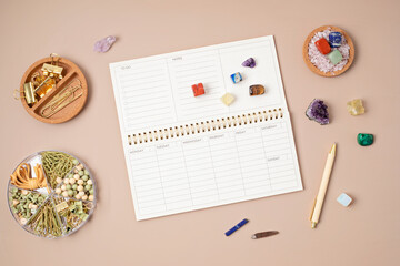 Healing chakra crystals and open organizer. Rituals with gemstones for career, wellness, concentration, business, destress, relaxation, mental health, spiritual practices. Energetical power concept