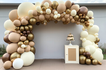 Fototapeta na wymiar decoração de aniversário com balões marrons e dourados , preparativos para festa de aniversário 