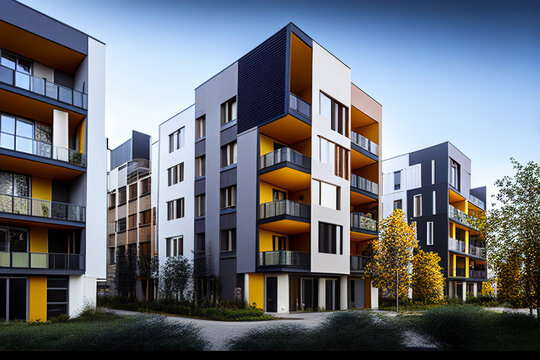 Townhouse in residential area. Modern facade residential building. Urban townhouse. Modern house, small multi-residential townhome. Facade building Exterior Design, Ai Generative Illustration.