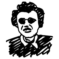 Portrait of a middle age man with mustache wearing business suit with tie and sunglasses. Hand drawn linear doodle rough sketch. Black silhouette on white background.