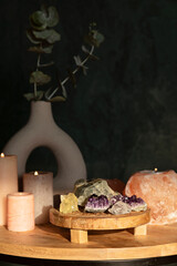 Healing reiki chakra crystals therapy. Rituals with gemstones and aromatherapy for wellbeing, meditation, destress, relaxation, mental health, spiritual practices. Energetical power concept