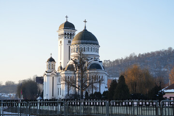 the church. Christian Orthodox church in a hilly area. daytime photo.