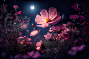 Romantic night scene - Beautiful pink flower blossom in garden with night skies and full moon. Generative AI. 4