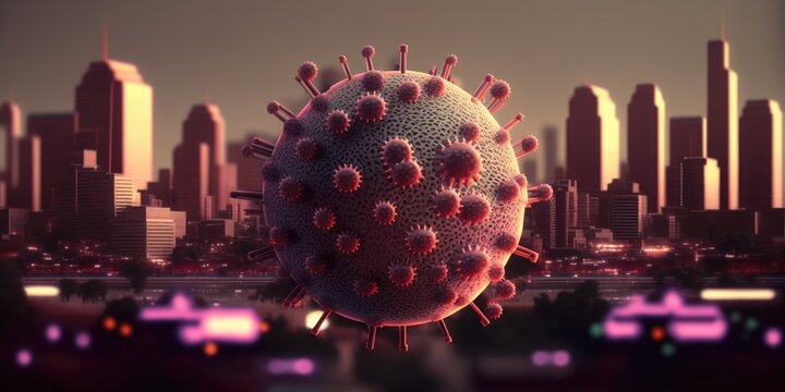 Coronaviruses floating over a city. generative AI	
